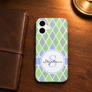 Coque iPhone 16 Motif diamant personnalisé bleu et vert