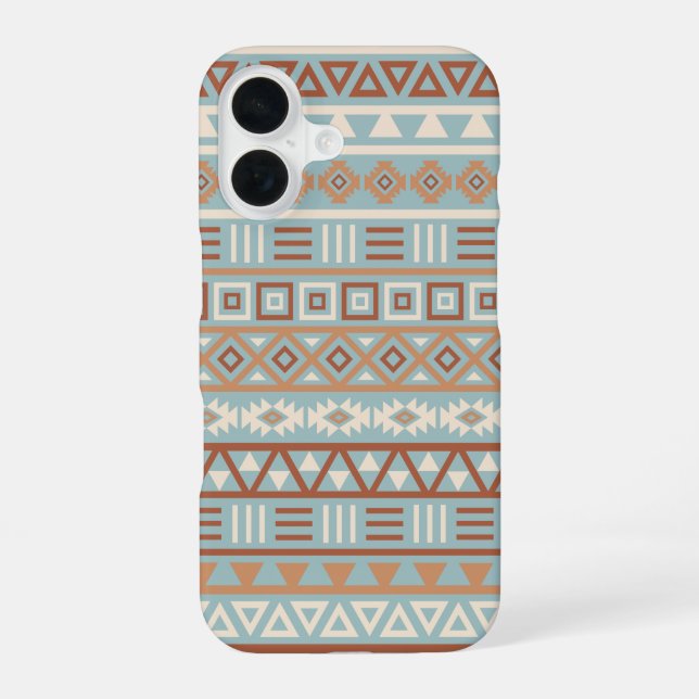 Coque iPhone 16 Motif d'influence aztèque bleues crèmes et terres  (Verso)