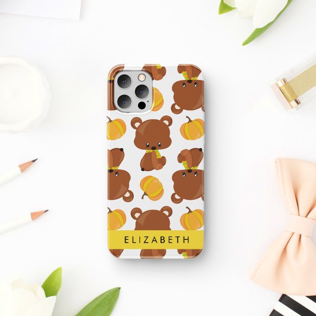 Coque iPhone 16 Motif d'ours, ours mignons, citrouille, votre nom (Créateur téléchargé)