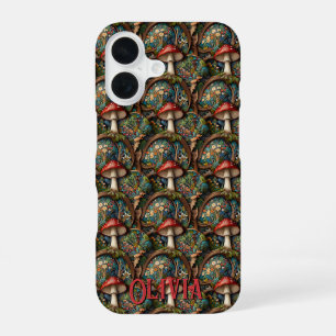 Coque iPhone 16 Motif élégant rétro bohème de forêt de champignons