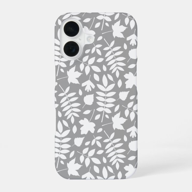 Coque iPhone 16 Motif Feuille tombé blanc sur gris (Verso)