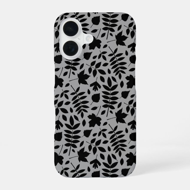 Coque iPhone 16 Motif Feuille tombé noir sur gris (Verso)