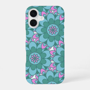Coque iPhone 16 Motif fleur de mandala sarcelle rétro boho