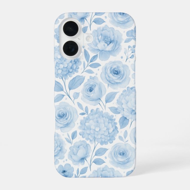 Coque iPhone 16 Motif floral aquarelle bleu blanc (Verso)