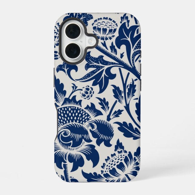 Coque iPhone 16 Motif floral bleu complexe sur fond clair (Verso)