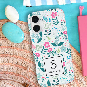 Coque iPhone 16 Motif floral bleu et rose avec nom monogramme