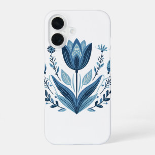 Coque iPhone 16 Motif floral bleu folk