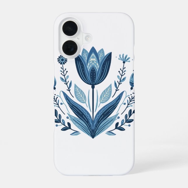 Coque iPhone 16 Motif floral bleu folk (Verso)
