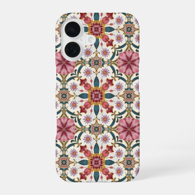 Coque iPhone 16 Motif floral boho en rouge, rose et sarcelle (Verso)
