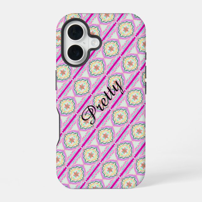 Coque iPhone 16 Motif floral géométrique rose et or chic (Verso)