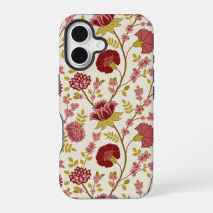 Coque iPhone 16 Motif floral jacobéen grandes fleurs rouges roses