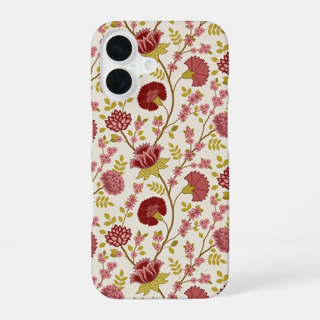 Coque iPhone 16 Motif floral jacobéen rouges roses or crème (Verso)