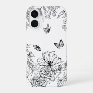 Coque iPhone 16 Motif floral noir et blanc Minimaliste Moderne