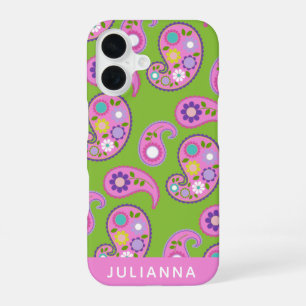 Coque iPhone 16 Motif floral Paisley rose vert personnalisé