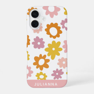 Coque iPhone 16 Motif floral vintage des années 70 rose personnali