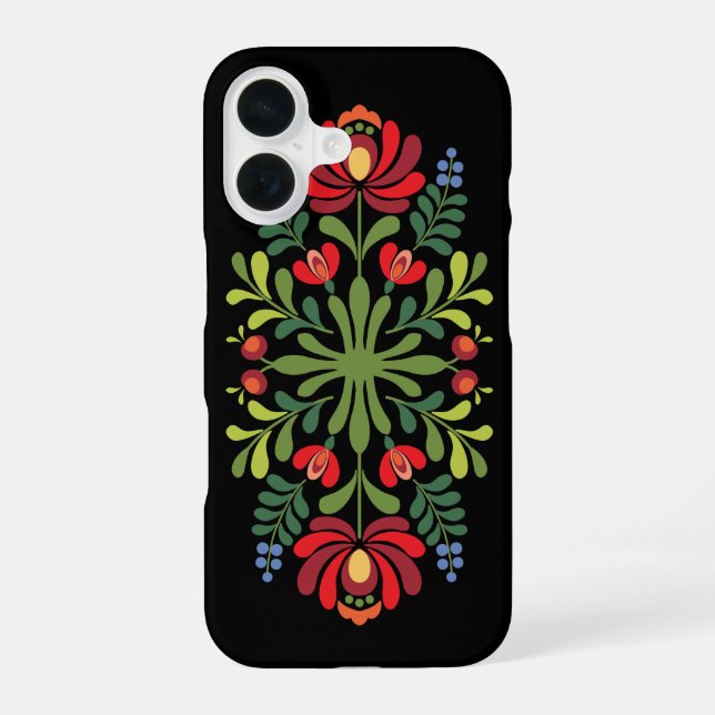 Coque iPhone 16 Motif folklorique hongrois rouge et rose (Verso)