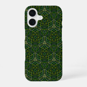 Coque iPhone 16 Motif géométrique de science-fiction Mandala vert