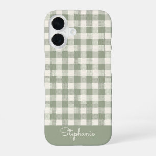 Coque iPhone 16 Motif Gingham Bohème Carreaux Vichy Sage Nom