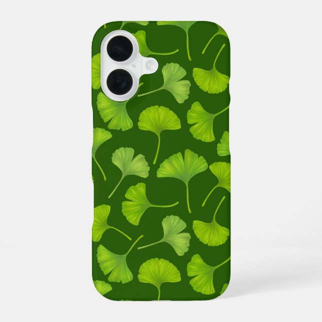 Coque iPhone 16 Motif ginkgo sur fond vert foncé (Verso)