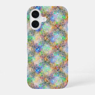 Coque iPhone 16 Motif mandala blanc sur des tons de bijoux colorés