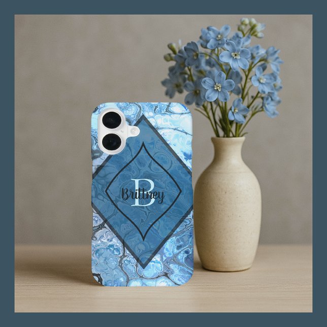 Coque iPhone 16 Motif Marbre Bleu avec Nom et Initiale Personnalis (Créateur téléchargé)