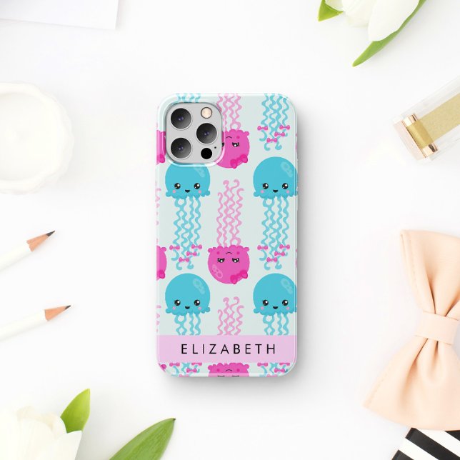 Coque iPhone 16 Motif Méduse, Méduse Mignonne, Mer, Votre Nom (Créateur téléchargé)