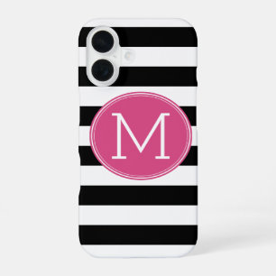 Coque iPhone 16 Motif noir blanc rayé rose chaud Monogramme