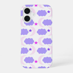 Coque iPhone 16 Motif Nuage Étoiles Rose Violet Foncé Lune