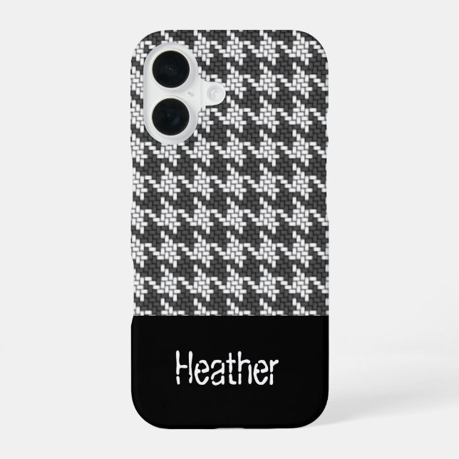 Coque iPhone 16 Motif pied-de-poule noir et blanc à monogramme  (Verso)