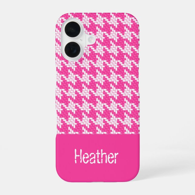 Coque iPhone 16 Motif pied-de-poule rose et blanc avec monogramme  (Verso)