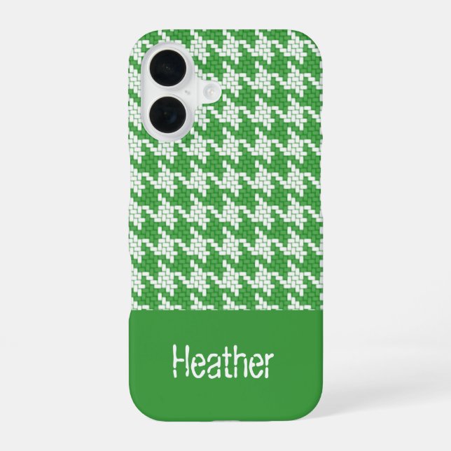 Coque iPhone 16 Motif pied-de-poule vert foncé et blanc avec monog (Verso)
