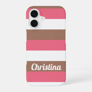 Coque iPhone 16 Motif Rayures Marron Rose Blanc Personnaliser
