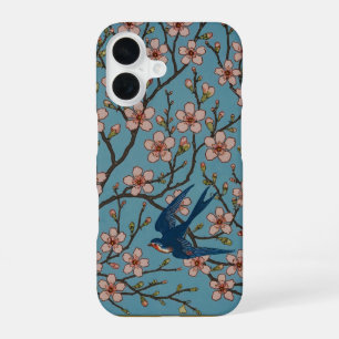 Coque iPhone 16 Motif rétro bleu de l'hirondelle florale par Walte