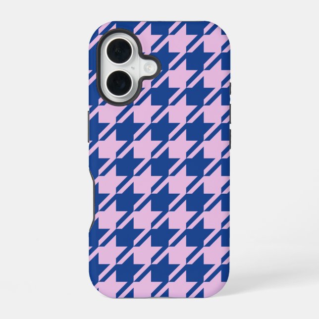 Coque iPhone 16 Motif rose et bleu pied-de-poule (Verso)