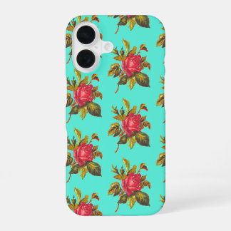 Coque iPhone 16 Motif Rose vintage et Aqua Blue