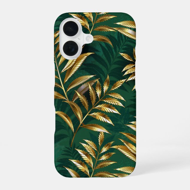 Coque iPhone 16 Motif sans couture avec des fougères dorées (Verso)
