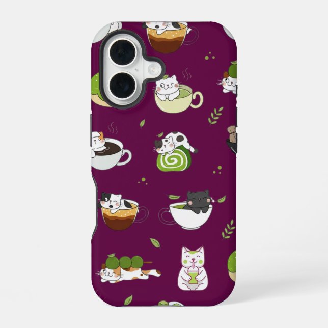 Coque iPhone 16 Motif sans couture de chat Matcha Kawaii (Verso)