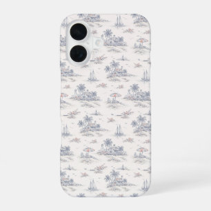 Coque iPhone 16 Motif Toile de Jouy Tropical et Bleu Côté Mer