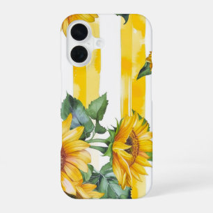 Coque iPhone 16 Motif Tournesol Aquarelle et Rayures Jaunes