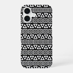 Coque iPhone 16 Motif Triangles+Carrés Aztèques Blanc sur Noir