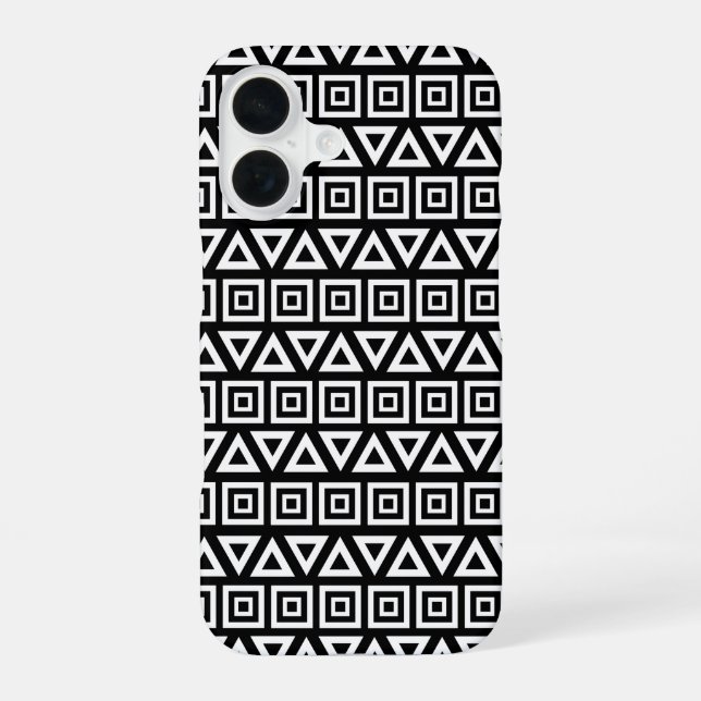 Coque iPhone 16 Motif Triangles+Carrés Aztèques Blanc sur Noir (Verso)