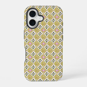 Coque iPhone 16 Motif tribal géométrique olive et magenta moderne