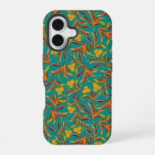 Coque iPhone 16 Motif tropical avec feuilles rouges et jaunes