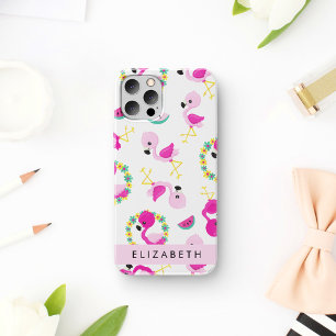 Coque iPhone 16 Motif Tropical, Flamants, Fleurs, Votre Nom