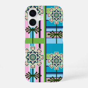 Coque iPhone 16 Motifs géométriques rétro et fleurs de fantaisie