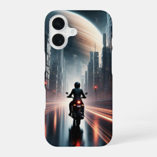 Coque iPhone 16 Motocycliste roulant dans une ville futuriste avec