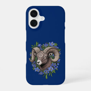 Coque iPhone 16 Mouflon et fleurs de colombine bleue du Colorado