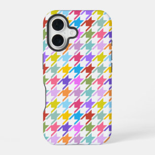 Coque iPhone 16 Multicolor Houndstooth+Motif blanc