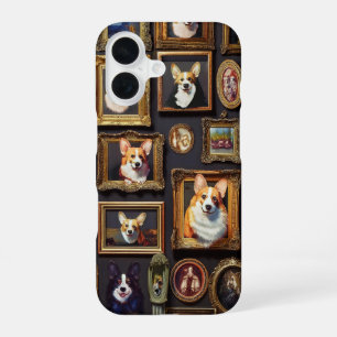 Coque iPhone 16 Mur du musée vintage, Portraits de chiens de corgi