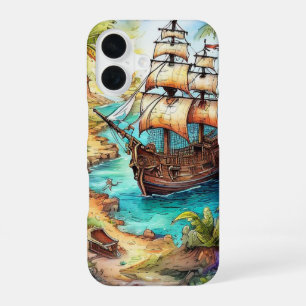 Coque iPhone 16 Navire Pirate Arrivant dans une Île Tropicale